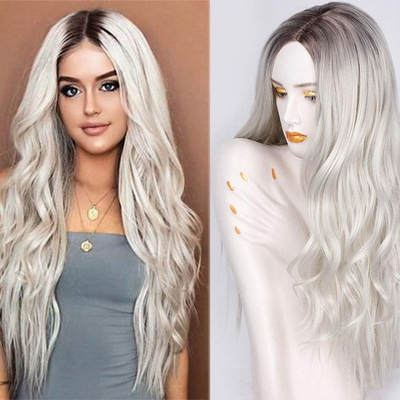 Long Wavy Synthetic Wigs Ombre Platinum Wig Middle